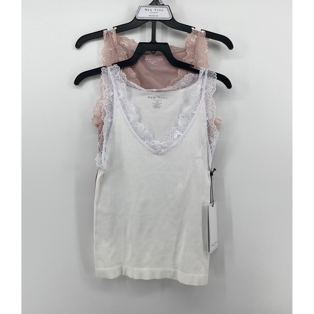 New York Laundry 2 Pack Seamless Ribbed Lace Trim Cami Tops White Pink S/M
